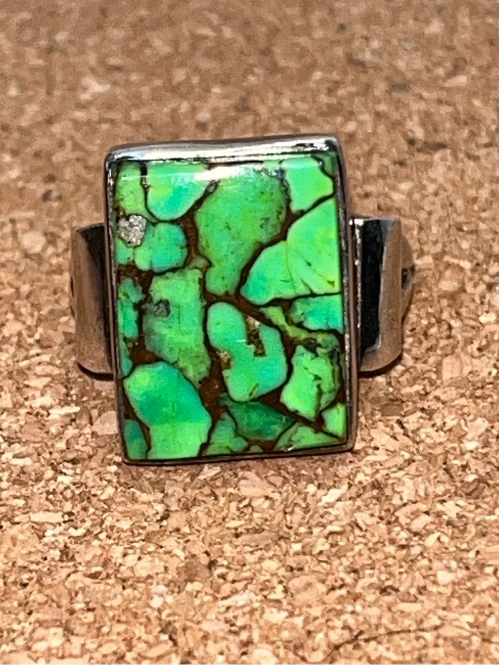 Vintage 925 Sterling Silver Lime Green Turquoise Rectangle Statement Ring 7